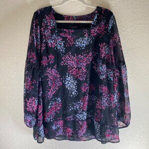 Lane Bryant Top Womens Size 16 Floral Sheer Chiffon Blouse Long Sleeves Popover
